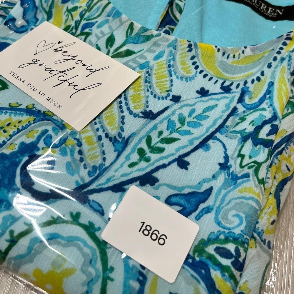 Lauren Ralph Lauren Dress Size 6 Blue Yellow Green Paisley Tiered Ruffle Womens - Picture 15 of 15